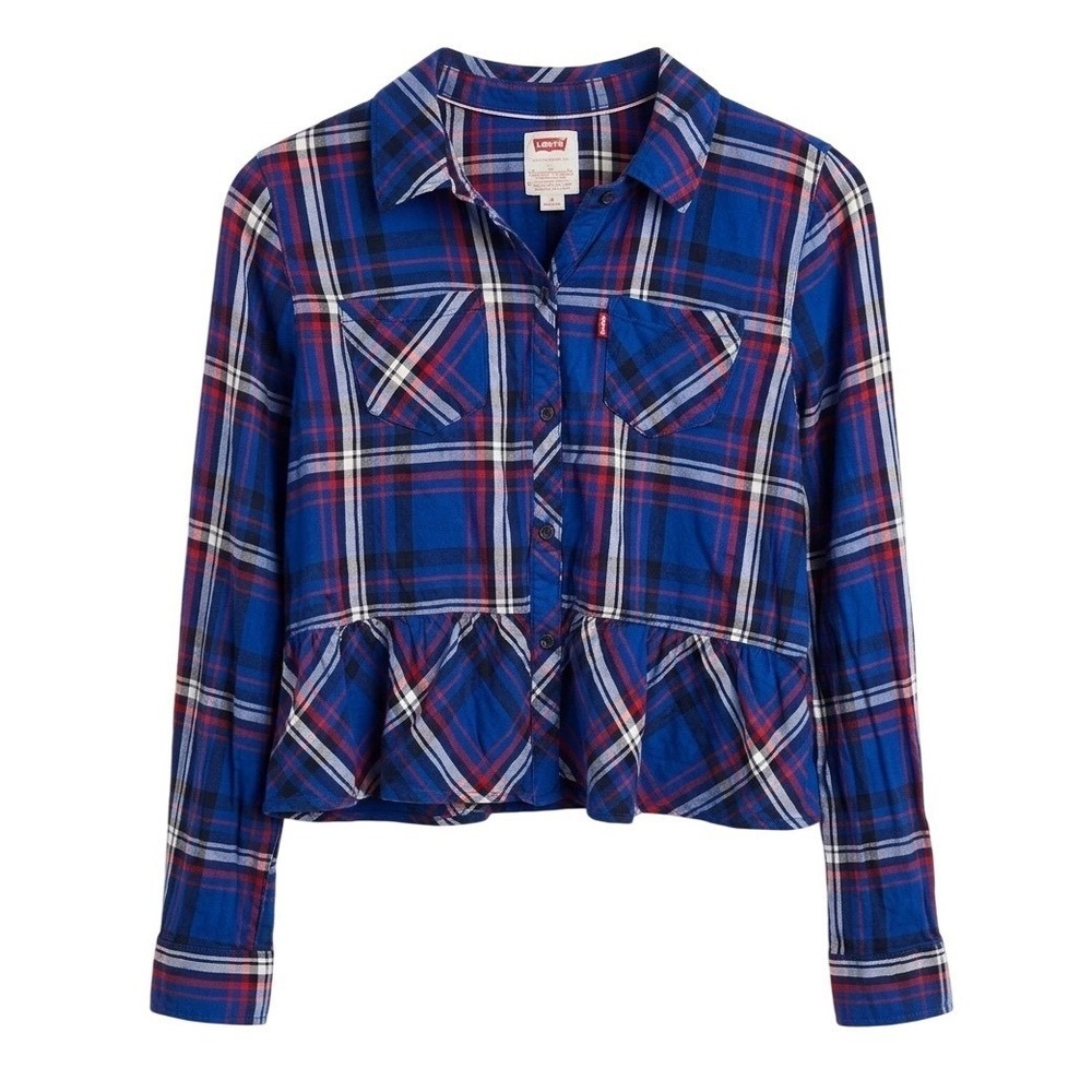 Levi's Plaid Flannel Peplum Button Down Shirt‎ - Size Kids XL or Women's XS